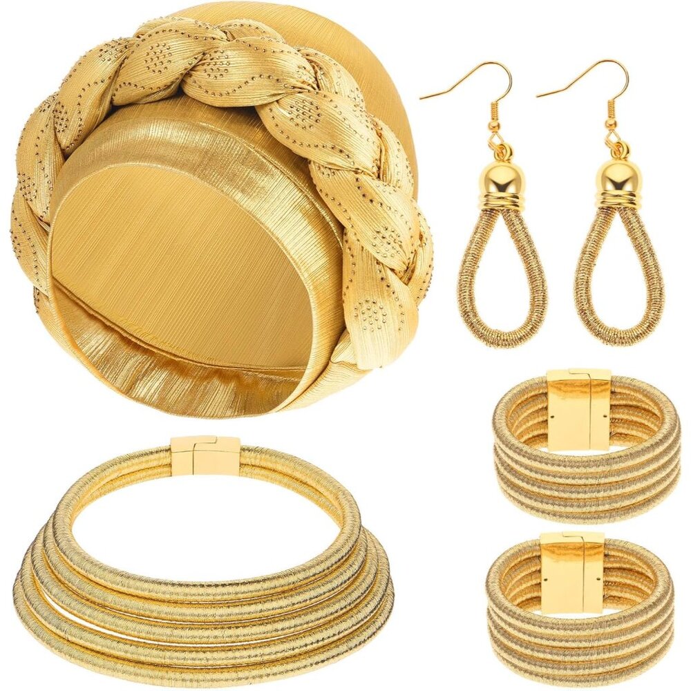 5 Pcs African Gold Jewelry Set For Women African Gold Turban Choker Earrings Bra